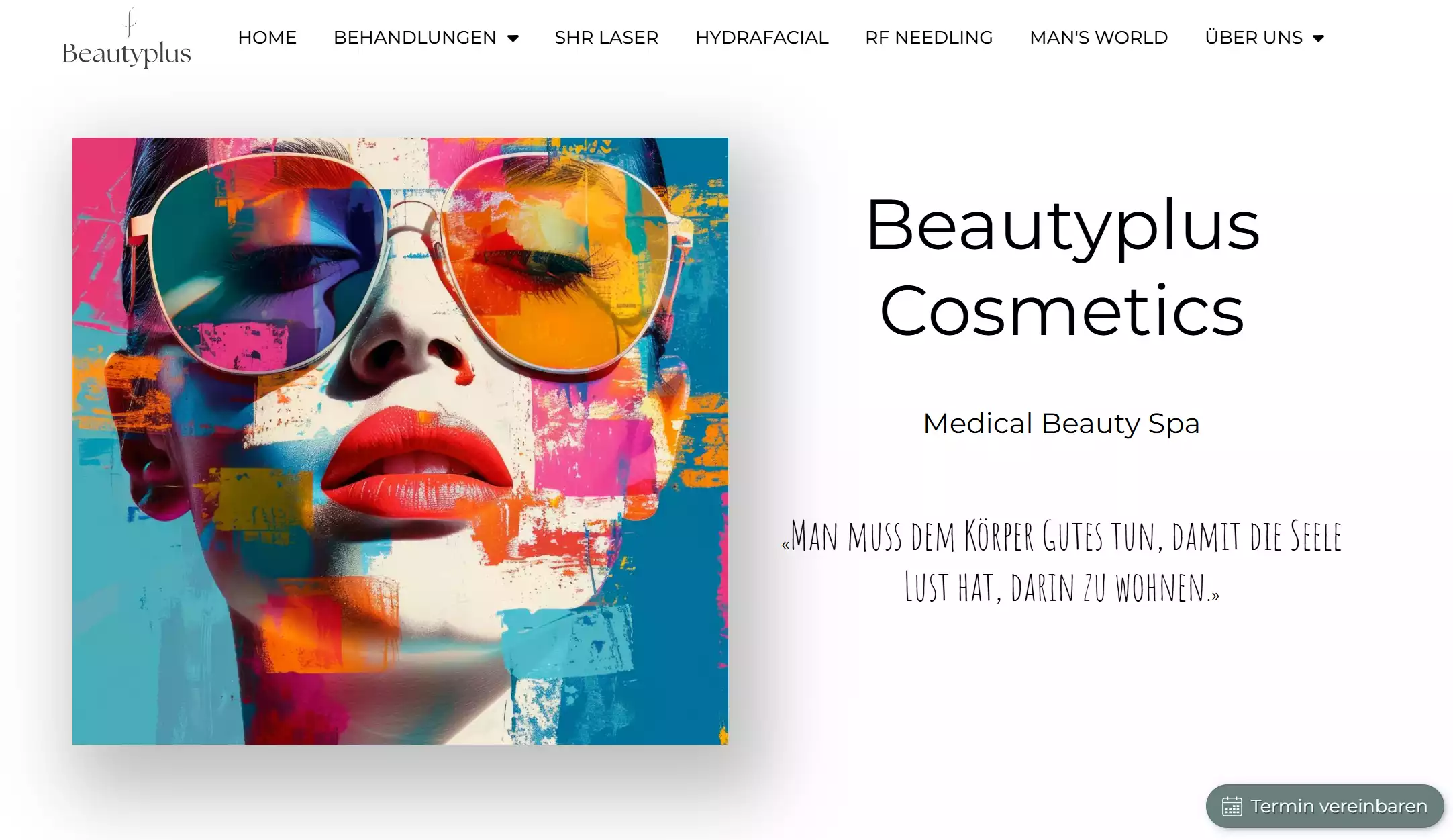 Abstrakte Kunst einer Frau mit Sonnenbrille und bunten Farbspritzern im Gesicht.