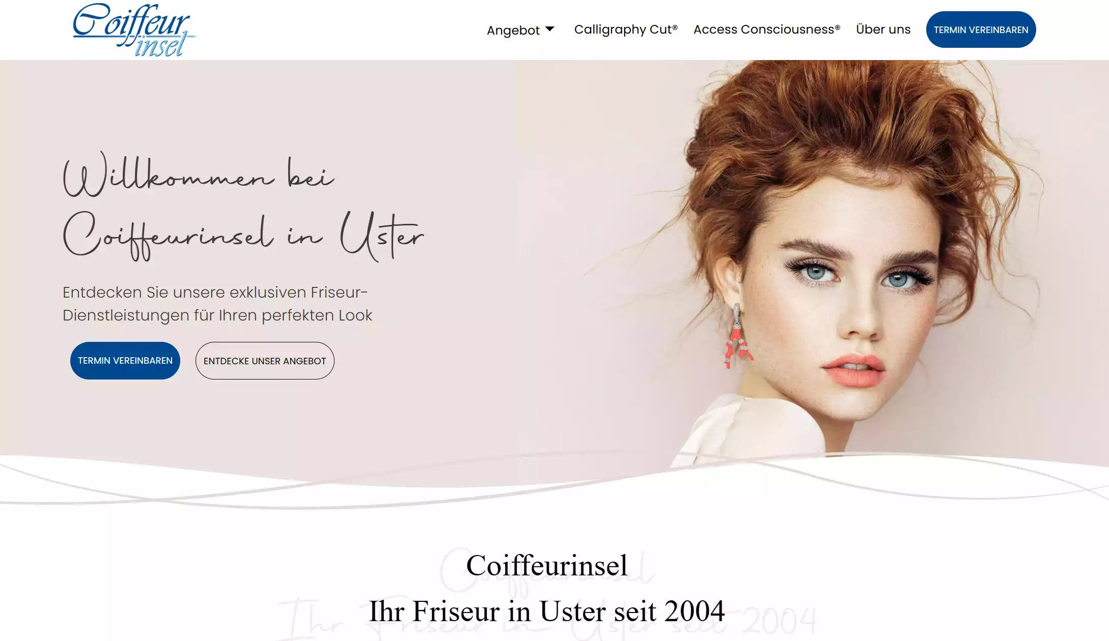 Coiffeurinsel Website mit Willkommen und Terminvereinbarungs-Schaltflächen.