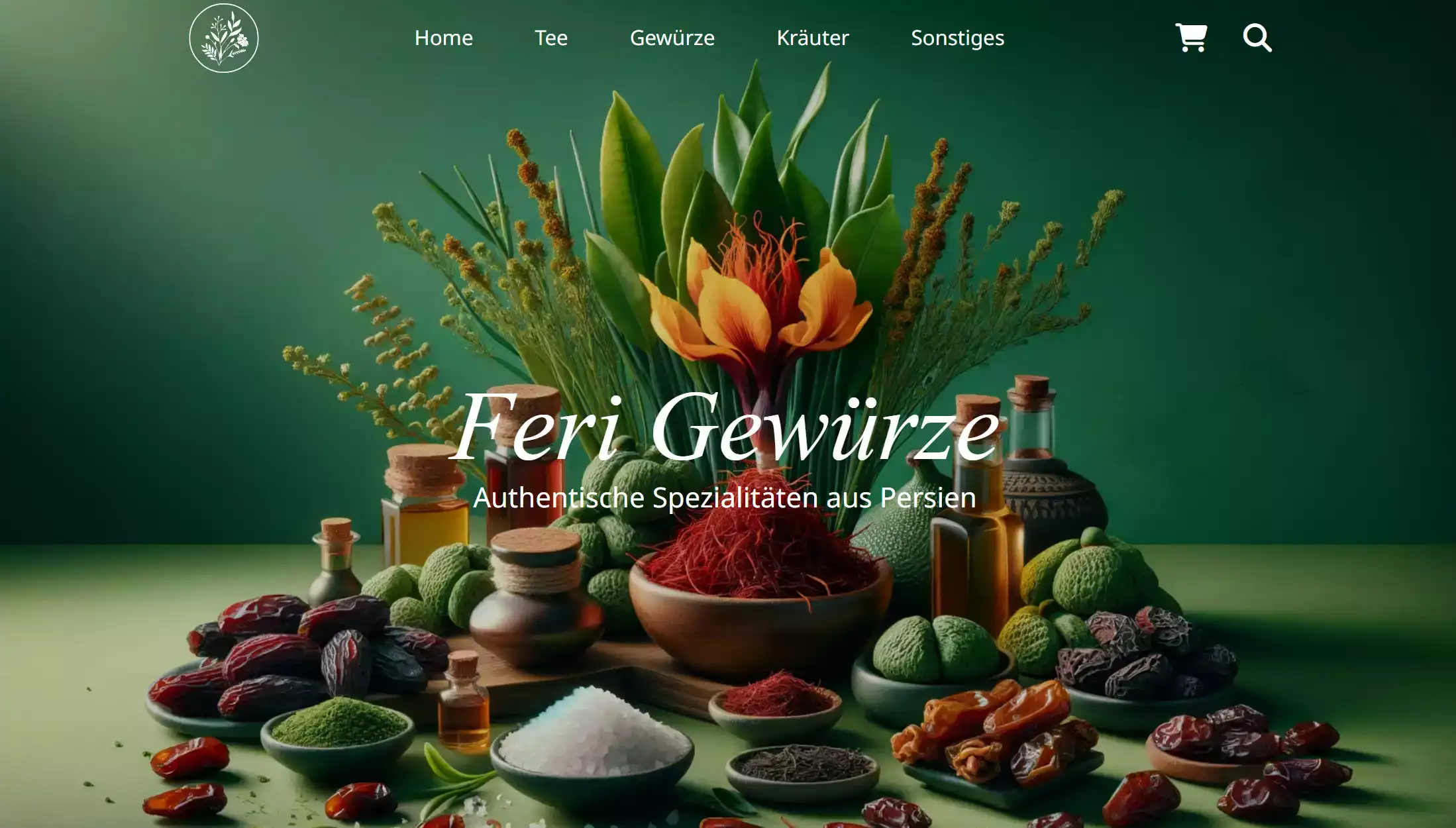 Gewürze Kräuter und Tees mit Feri Gewürze und Slogan für persische Spezialitäten.