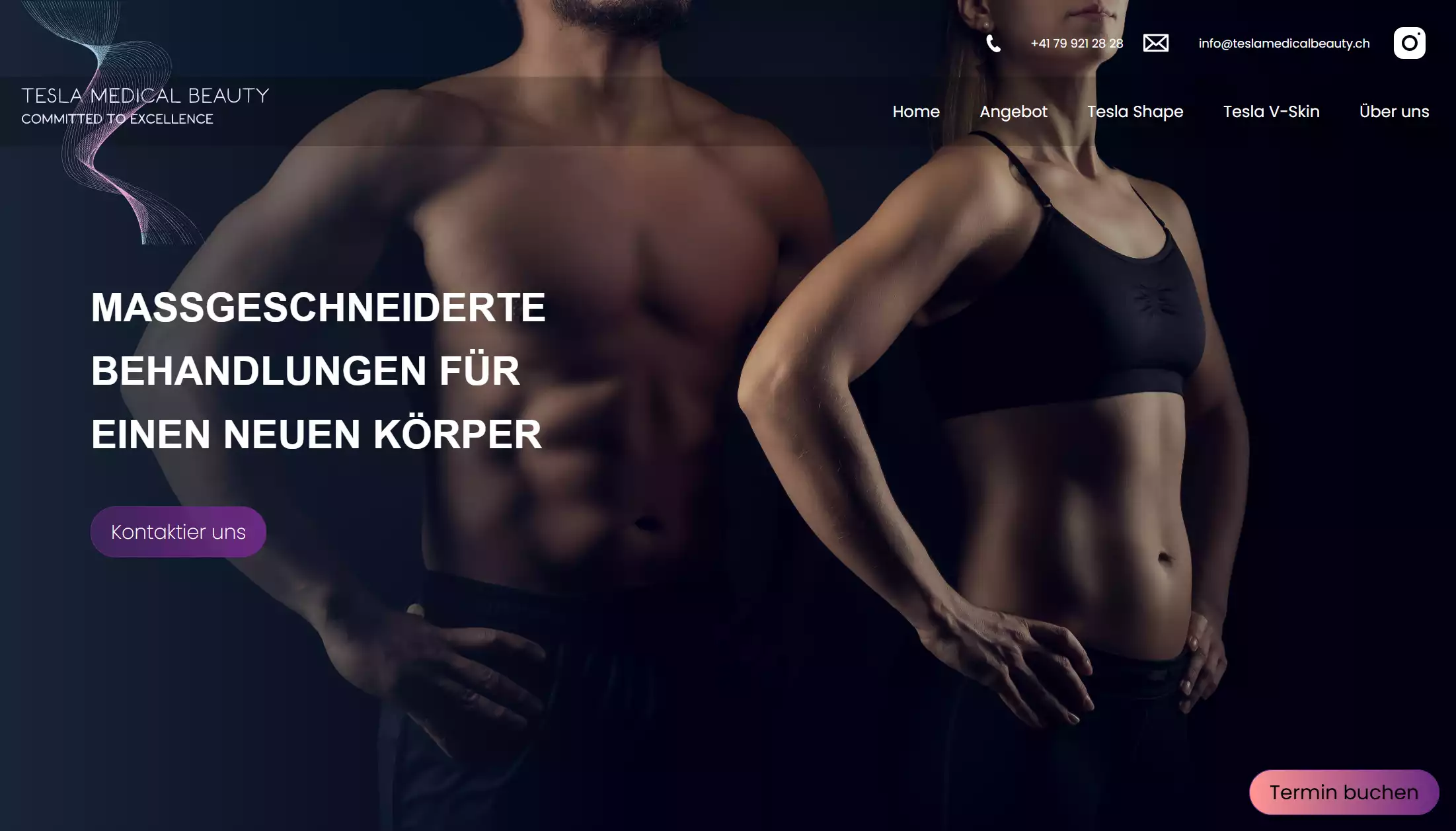 Werbebild von Tesla Medical Beauty fitten Mann und Frau Text zu Körperbehandlungen.