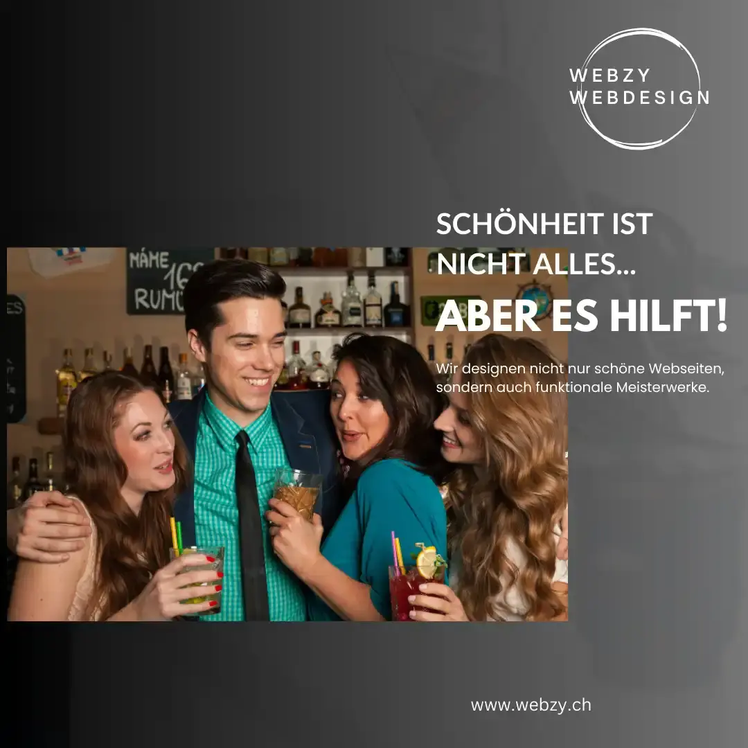 /Gruppe von Personen mit Drinks in einer Bar Text über Schönheit und Webzy Webdesign.