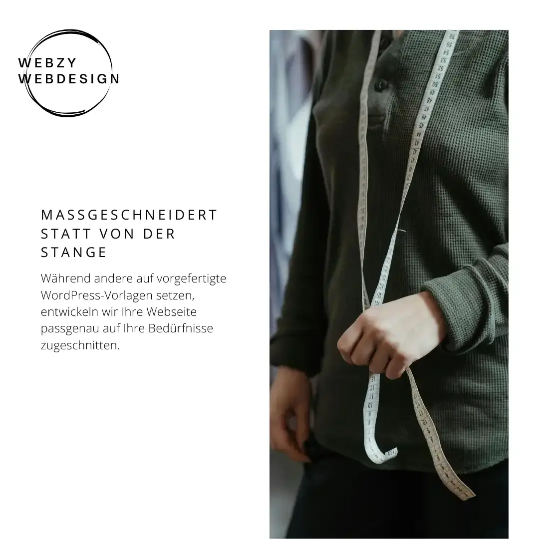 /Person mit Massband und Text über personalisiertes Webdesign von Webzy.