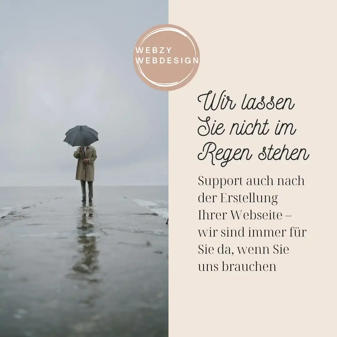 /Person mit Regenschirm auf nassem Pier Text über fortlaufenden Web-Support.