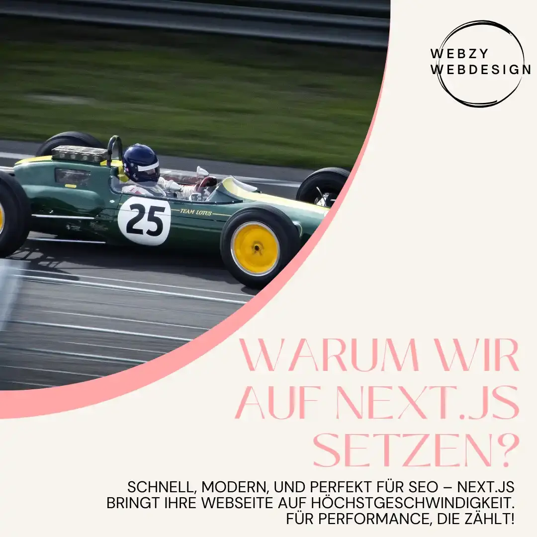 /Oldtimer-Rennwagenfahrer mit Nummer 25 auf der Rennstrecke daneben Text für Webzy Webdesign und Logo.